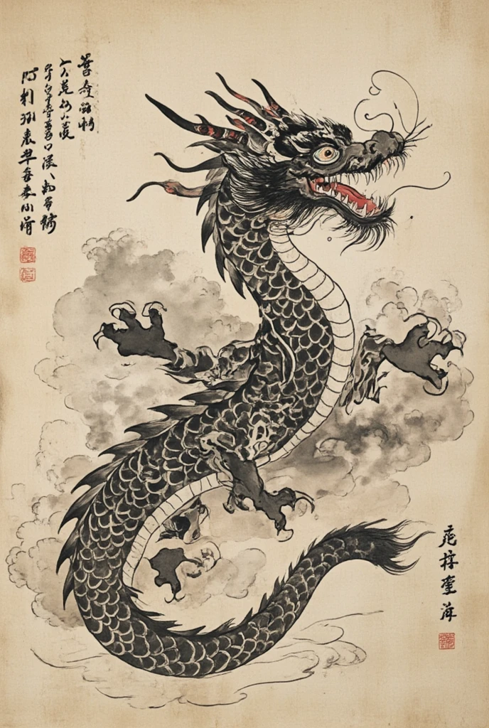 A majestic oriental dragon, meticulously drawn in black ink with intricate, hand-painted details showcasing scales and traditional art techniques. The dragon, rendered with visible brushstrokes, is perched on an ancient parchment, adorned with Chinese characters and decorative patterns, emphasizing the aged texture of the paper. The ink bleeds slightly at the edges, mimicking the natural flow of a brush. The composition should convey a sense of wisdom and power, with a subtle, hand-painted background that does not distract from the magnificence of the dragon.