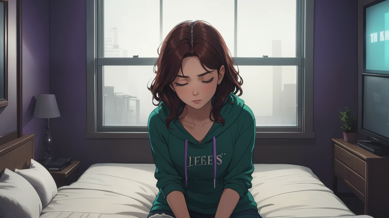 "A cozy and cinematic bedroom with a dark, rainy atmosphere, featuring A woman with short wavy auburn hair, wearing a lush purple hoodie and fit jeans, The room is illuminated by moody neon lights in shades of deep purple and soft green, casting a mysterious and calming glow on the walls. A vintage classic TV is playing static or an old movie, adding a nostalgic touch. Through the large glass window, heavy rain is visible, with water droplets streaming down the glass, creating a serene ambiance. The room features minimalistic furniture, with a comfortable bed and a small nightstand. The scene is rich with detail, evoking a sense of solitude and introspection."