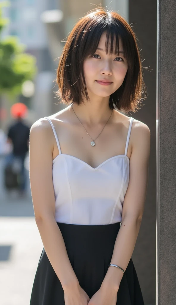 (((Big Breasts:1.52)))、((View angle from below、 top quality、masterpiece、32K、Every Little Detail ))、Descend the outdoor stairs、commute、Very loose camisole、 pleated skirt、((( Strong wind blows my hair and skirt:1.62)))、((The shoulder strap can be worn diagonally.:1.83))(( Extremely Accurate and Accurate Anatomy :1.0)), (photo  realistic :1.4), (hyper  realistic :1.4), ( top qualityの realistic な肌の質感:1.4), (Improved quality:1.4), (  enhances the beauty of the skin texture  :1.1), Clean, glowing skin, mesh, thin:1.2, ( realistic :1.3),  realistic なライティング, (  smoother lighting  :1.05), ( improves film lighting quality:0.9), Backlight, A gentle light for your face,  ray tracing, ( bright light:1.2), 32K,  One Japanese Woman , fine grain,  detailed face , ( film grain:1.1),( body line :1.1),  high definition ,  natural look, Kind eyes, Improves hair quality,  Delicate Shading , 、 One Girl , Alone、((( miniskirt,  no underwear:1.22)))、Big Breasts、barefoot,  high heels