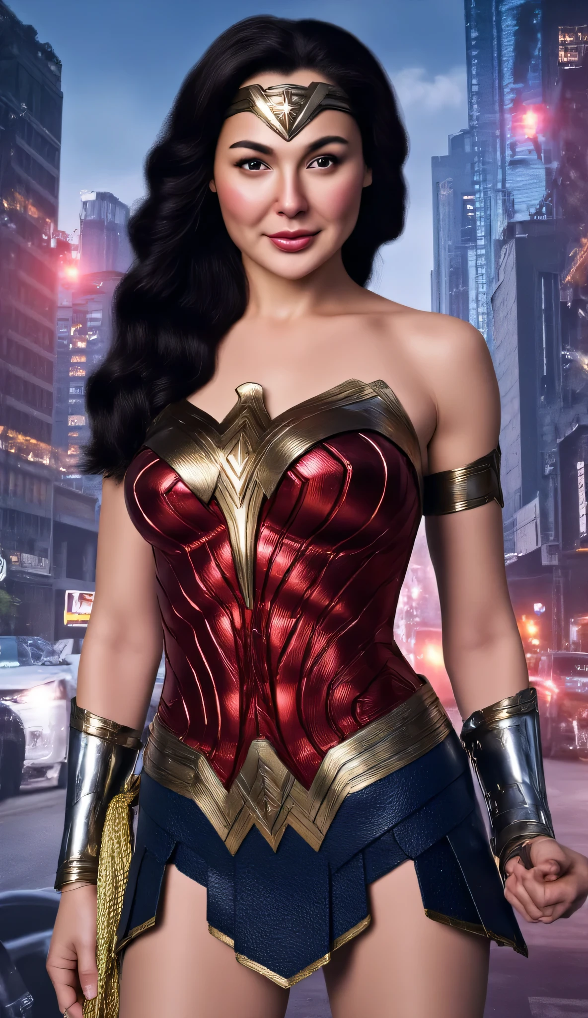 Hania Amir in wonder woman costume, (black hair), HD, remastered, HQ, 4K quality, cyberpunk cityscape, The very sexy with her neckline outfit 