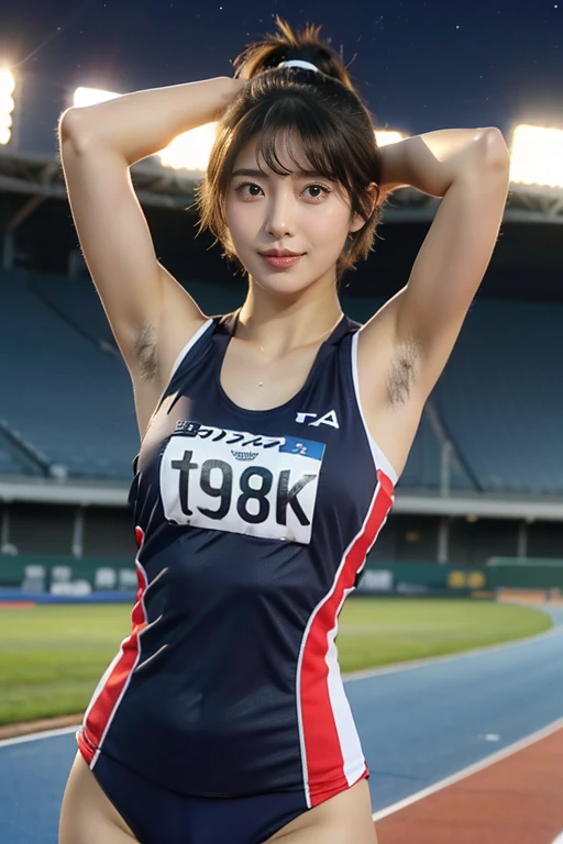 (best quality:1.2), masterpiece, Realistic, Ultra-high resolution, ((a beautiful Japanese idol woman:1.2)), (Gaunt:1.3), (((Very flat chest:1.4))), ((Baby Face)), (((Show me your sweaty armpits:1.2))), ((Upper Body:1.4)), (arms up), (focus on her armpit:1.3), ((Armpits are wet and shiny with sweat)), She has skin that sweats easily Soaking wet, (athletics stadium, track and field athlete:1.2), ((topless))