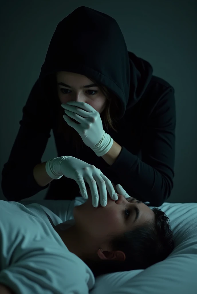 (best quality,4k,8k,highres,masterpiece:1.2),ultra-detailed,realistic,woman,detailed eyes and face,long eyelashes,beautiful detailed lips,extremely detailed eyes,closed eyes,dark hair,wild curly hair,dark makeup,bright red lips,tight web bondage,black silk cocoon,struggling woman, entangled,desperate expression,
shadows,low key lighting,surreal atmosphere,soft focus,?????? art,visual tension,claustrophobic,feeling trapped,delicate silk threads,close-up view,detailed skin texture,dramatic pose,dynamic movement,subtle color tones,limited color scheme,dramatic contrast,emotional intensity, shiny tape gag