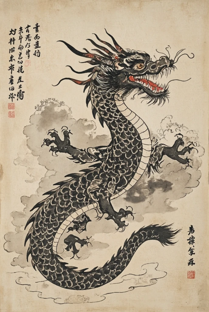 A majestic oriental dragon, meticulously drawn in black ink with intricate, hand-painted details showcasing scales and traditional art techniques. The dragon, rendered with visible brushstrokes, is perched on an ancient parchment, adorned with Chinese characters and decorative patterns, emphasizing the aged texture of the paper. The ink bleeds slightly at the edges, mimicking the natural flow of a brush. The composition should convey a sense of wisdom and power, with a subtle, hand-painted background that does not distract from the magnificence of the dragon.