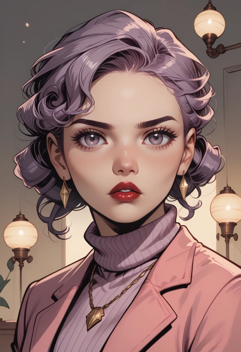 score_9, score_8_up, score_7_up, realistic photo of ktprdm, 1girl, close-up, (looking at viewer), parted lips, 1girl, slicked hair with curly ends, roman nose, grey eyes, red lips, earrings, necklace, pink blazer, purple turtleneck, by loish, masterpiece, lips parted, slim figure, petite, simple background, livingroom, side lighting, warm lights, commix style