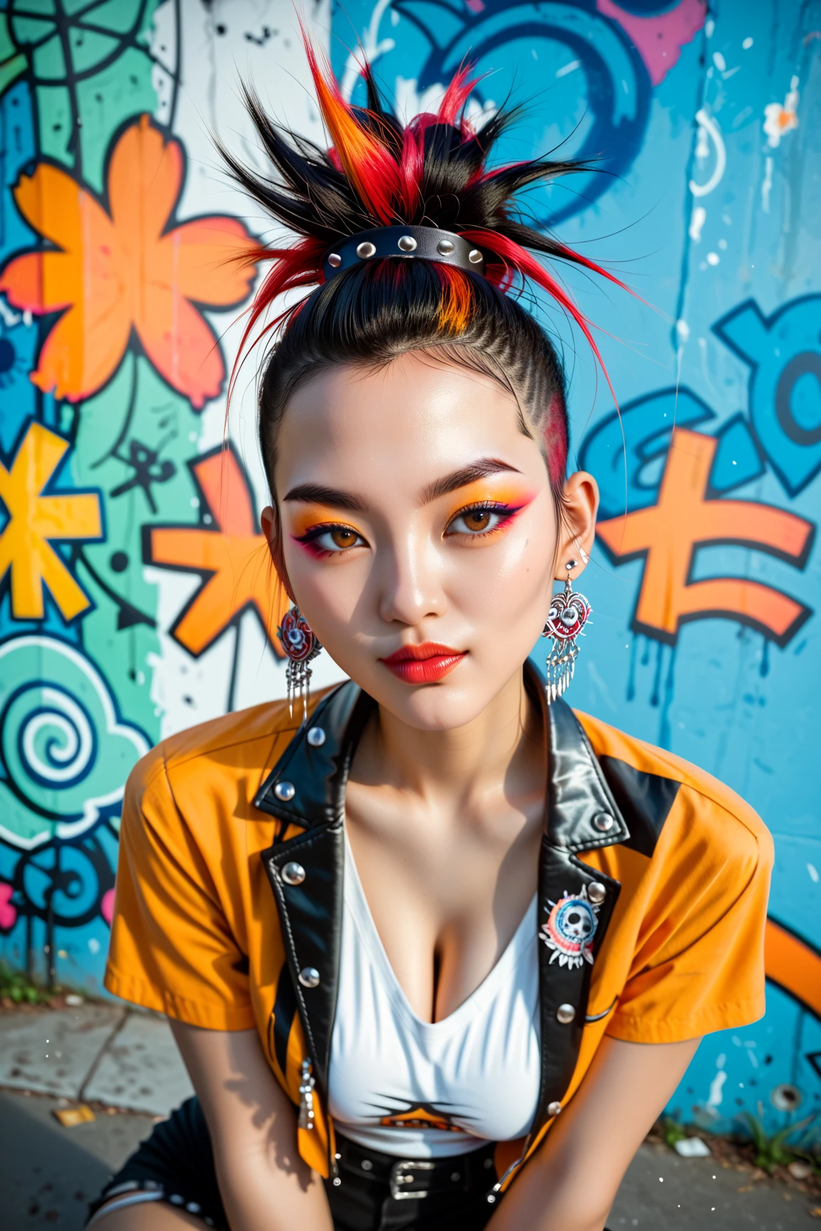 Professional:1.6 model girls, (最high quality, 4K, 8k, High resolution, masterpiece:1.2), Ultra-detailed, Realist, Punk Style, Punk Fashion, ((Upper body portrait)), Spiked clothing, Chain Accessories, Rebel pose, Mohawk Alto, Flashy rainbow hair, Nervous background, Studio Lighting, Dynamic pose and elegant、masterpiece, 最high quality, high quality, High resolution, (((Upper body portrait)))、Super busty sexy
