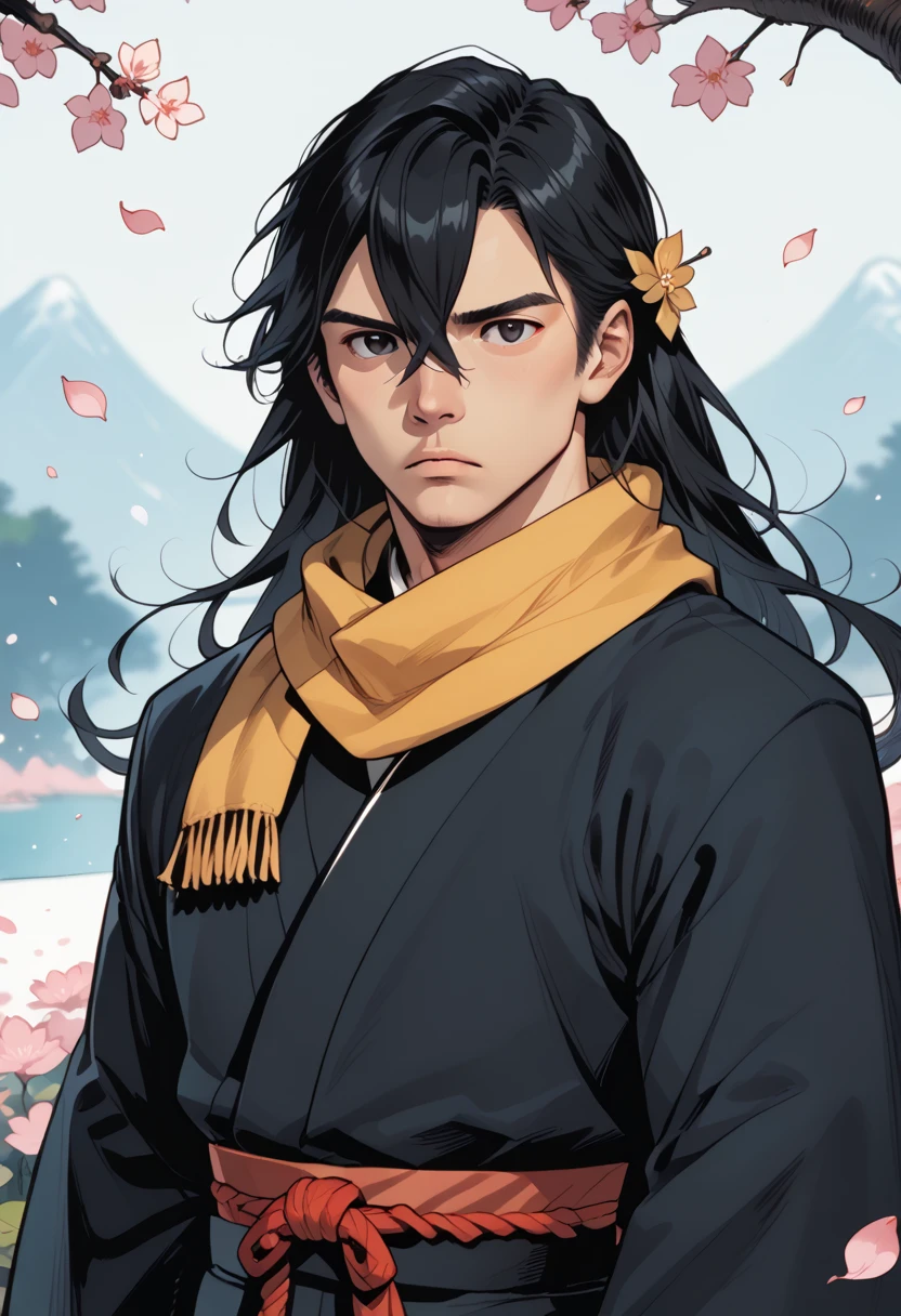 score_9, score_8_up, score_7_up, source_anime, rating_safe, , (realistic:0.6), , depth of field, 1boy, solo, male focus, byakuya_kuchiki, black hair, black eyes, long hair, scarf, japanese clothes, haori, petals, hair ornament, hair between eyes, sword, , , commix style