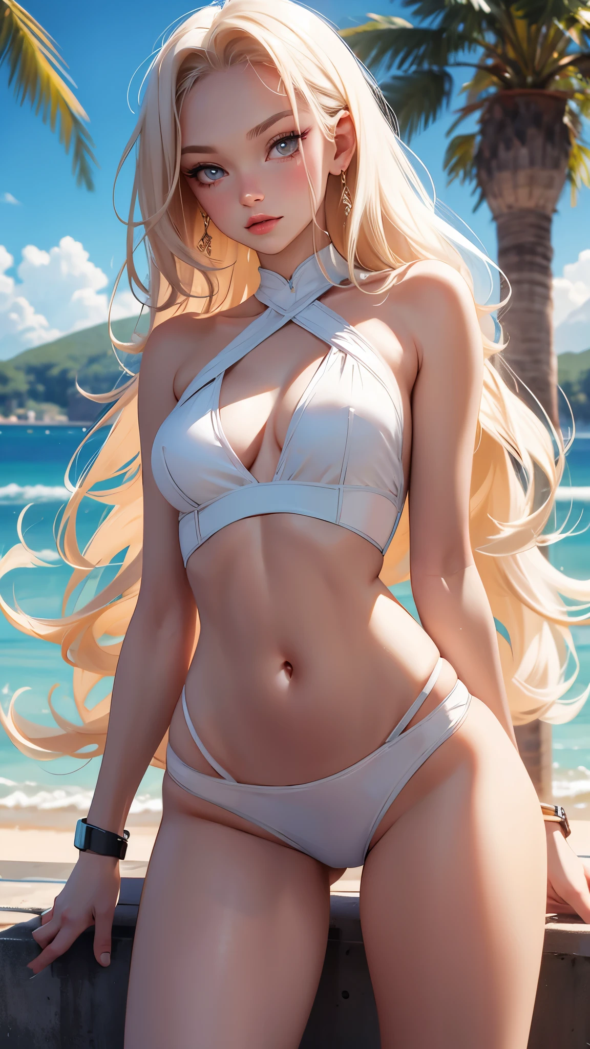close up on face, femele, standing in seawater,Dream light,afloat,The sun sets below sea level,Multiple poses, long whitr hair, ellegance, opulent, ellegance, adolable,ssmile,cheerfulness,the ocean,the setting sun, Eau, Sense of brokenness, ruri, Hairline, glitters, cinmatic lighting, hyper HD, A high resolution, best qualtiy, 8K, high detal, high qulity, super detailing, anatomy correct, tmasterpiece, ccurate,dream magical,white colors, 比基尼,Back in,huge tit,Pedal the waves