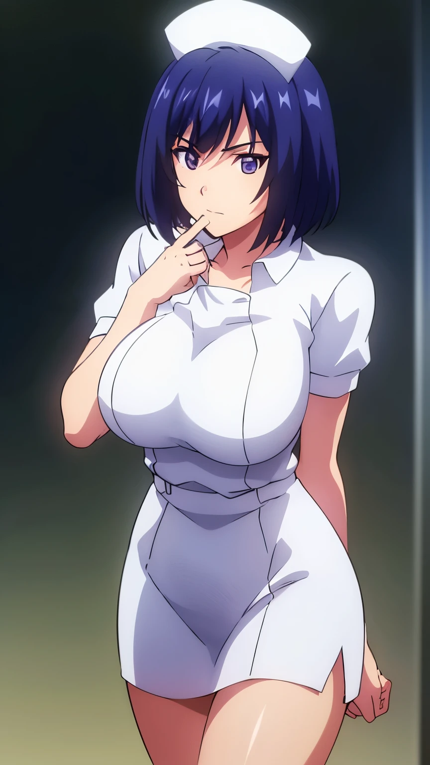 Simple Background, dynamic pose, standing at attention, nurse cap, nurse, white shirt, white pencil skirt, short sleeves, thighs,
Tachibana_SakuseiByoutouV2,
purple eyes, blue hair, bangs, short hair, makeup, red lipstick, 
1 girl, 20 year old, Young female, beautiful legs, beautiful body, beautiful nose, beautiful character design, perfect eyes, perfect face, expressive eyes, perfect balance, looking at viewer, (Focus on her face),closed mouth, (innocent_big_eyes:1.0),(Light_Smile:0.3),
official art,extremely detailed CG unity 8k wallpaper, perfect lighting,Colorful, Bright_Front_face_Lighting,White skin,
(masterpiece:1.0),(best_quality:1.0), ultra high res,4K,ultra-detailed,
photography, 8K, HDR, highres, absurdres:1.2, Kodak portra 400, film grain, blurry background, bokeh:1.2, lens flare, (vibrant_color:1.2),professional photograph,
(Beautiful,large_Breasts:1.1), (beautiful_face:1.2),(narrow_waist),