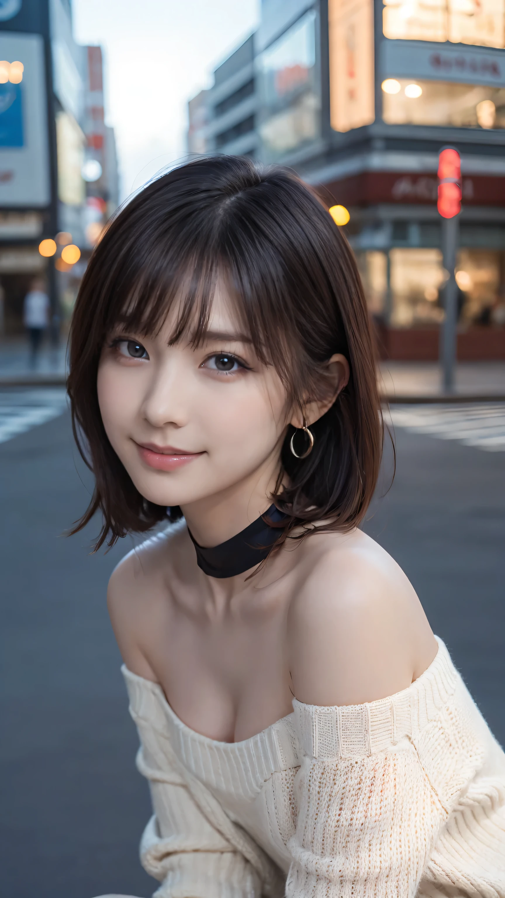 top quality, masterpiece,  super high resolution ,  Photorealistic,  1 girl,  off shoulder ,  knit , smile, smile,  slightly visible,  oversized _ sweater ,  soft lighting ,  detailed skin, bangs,  black hair,  clear eyes,  short bob hair , transparency, Japan, Korean,  beautiful woman, Above the eyes,  lip gloss,   black chic choker , tears, Mole on chest, Eye Enhancement