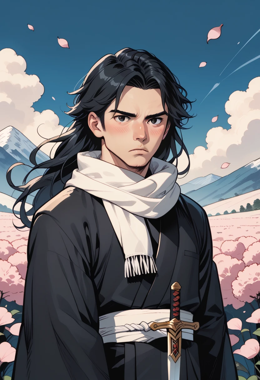 score_9, score_8_up, score_7_up, , rating_safe, intricate details, anime screencap, anime coloring, official style, looking at viewer, , 1boy, solo, male focus, byakuya_kuchiki, black hair, black eyes, long hair, scarf, japanese clothes, haori, petals, hair ornament, , sword, panorama, fuji mountain, dark, legs up, shy, blush, , commix style