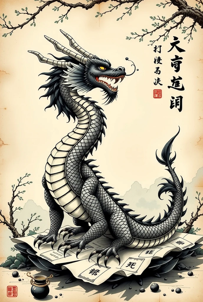 A majestic oriental dragon, meticulously drawn in black ink with intricate, hand-painted details showcasing scales and traditional art techniques. The dragon, rendered with visible brushstrokes, is perched on an ancient parchment, adorned with Chinese characters and decorative patterns, emphasizing the aged texture of the paper. The ink bleeds slightly at the edges, mimicking the natural flow of a brush. The composition should convey a sense of wisdom and power, with a subtle, hand-painted background that does not distract from the magnificence of the dragon.