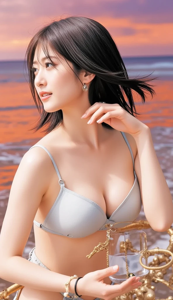  slim figure、  black hair short、  Beautiful skin in NFSW、whole body、 top quality、   super high resolution   、  's beautiful elaborate face 、 ,  Beautiful skin 、  skin texture、 I've taken off my leather jacket 、Completely naked、jeans、Seaside、smile、Higashimuramei、sunset、sunset、 and、 My hair is dancing 。、   art by Naruto  