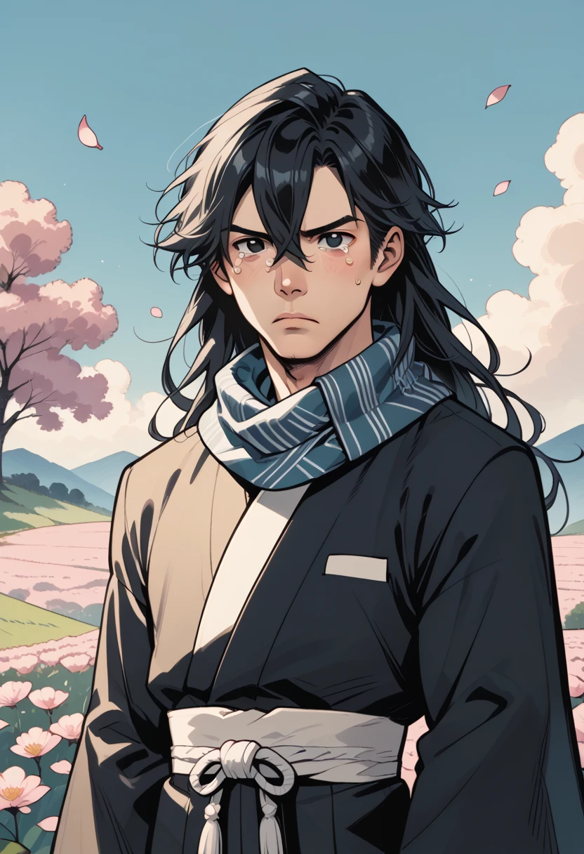 score_9, score_8_up, score_7_up, source_anime, rating_safe, intricate details, anime screencap, anime coloring, , , , 1boy, solo, male focus, byakuya_kuchiki, black hair, black eyes, long hair, hair between eyes, scarf, japanese clothes, haori, petals, hair ornament, sword, upper body, prairie, dark, spread legs, tearing up, , commix style