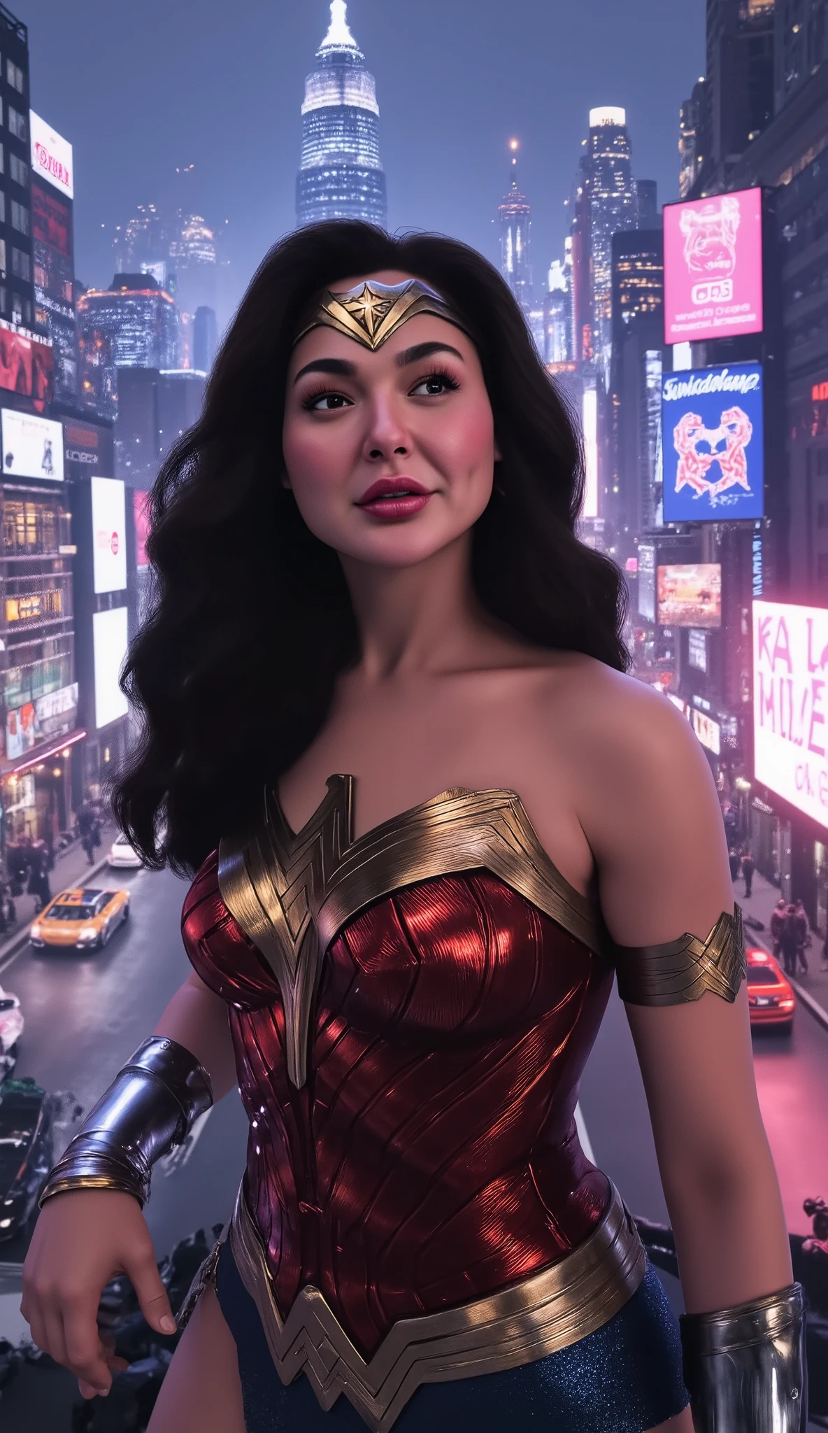 Hania Amir in wonder woman costume, (black hair), HD, remastered, HQ, 4K quality, cyberpunk cityscape, The very sexy with her neckline outfit 