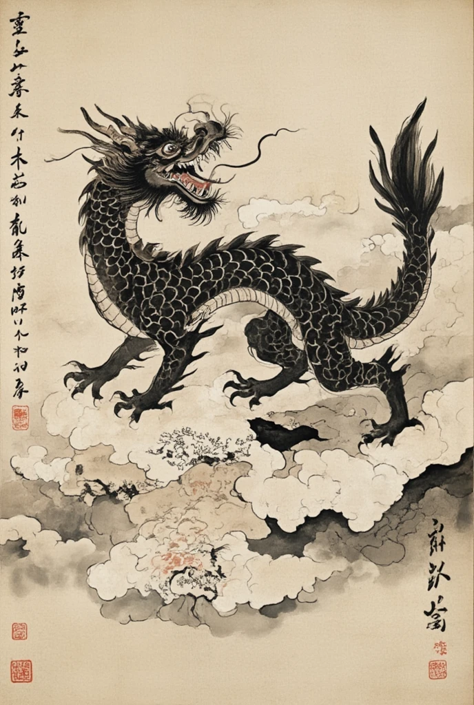 A majestic oriental dragon, meticulously hand-painted in black ink with intricate details showcasing scales and traditional art techniques. The dragon, with visible, organic brushstrokes, is perched on an ancient parchment, adorned with Chinese characters and decorative patterns, emphasizing the aged texture of the paper. The ink spreads naturally at the edges, mimicking the flow of a traditional brush. The composition should convey a sense of wisdom and power, with a subtle, hand-painted background that complements the classic style, featuring soft, rolling clouds that do not distract from the magnificence of the dragon.