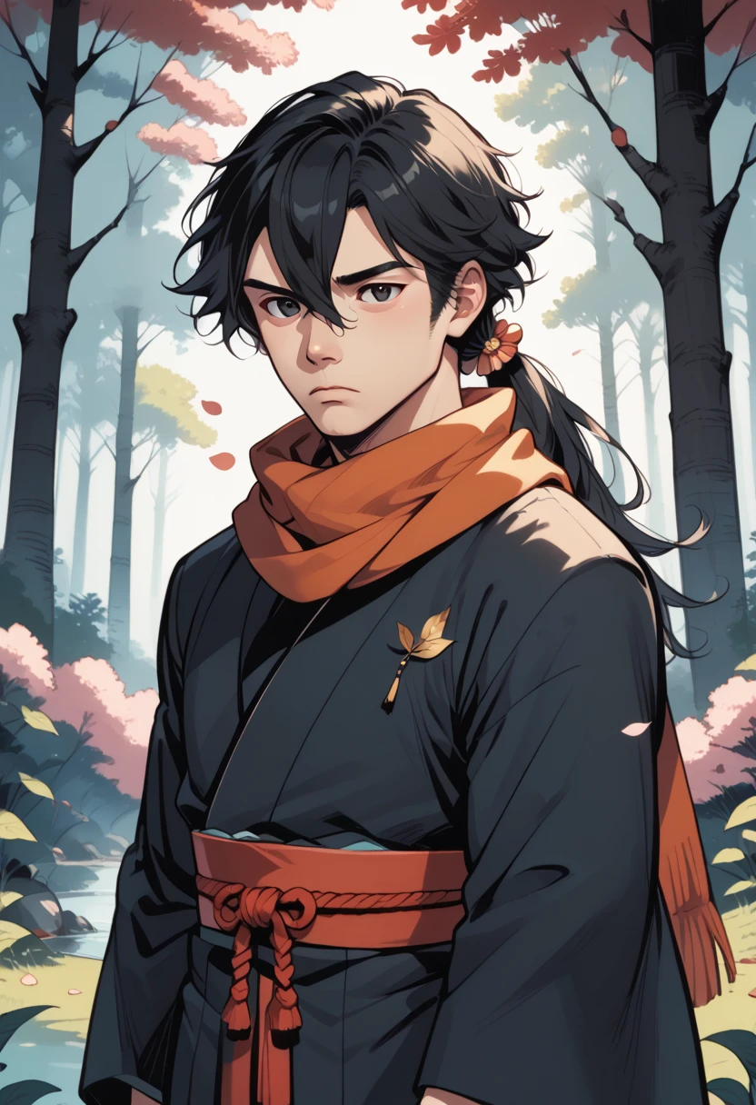 score_9, score_8_up, score_7_up, source_anime, rating_safe, , , , , 1boy, solo, male focus, byakuya_kuchiki, black hair, black eyes, long hair, scarf, japanese clothes, haori, petals, hair ornament, hair between eyes, sword, forest sanctuary, tree temples, leaf paths, wooden shrines, peaceful pose, serene expression, filtered light, , commix style
