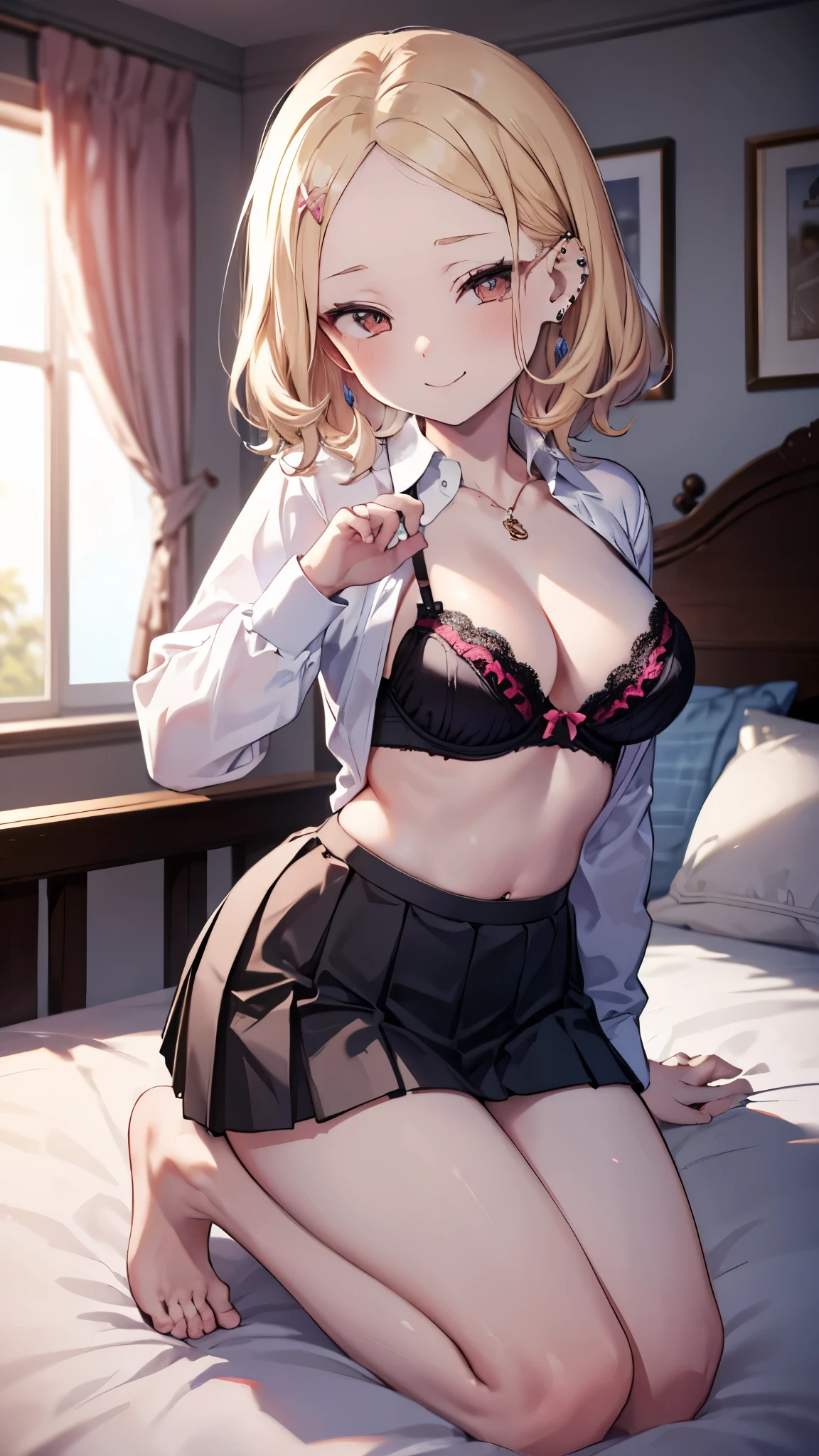 ((masterpiece、 top quality、 very detailed))、 One Girl 、improve、Blonde、 medium hair、 wavy hair 、((Forehead:1.2))、 brown eyes、evil smile、((lots of piercing))、((Moderate breasts))、(( White collared shirt ))、((open clothes))、((black bra))、(( black pleated skirt tied to an iron lattice))、((micro miniskirt))、kneeling、 on the bed、(( Dark Room))、Bedroom Background