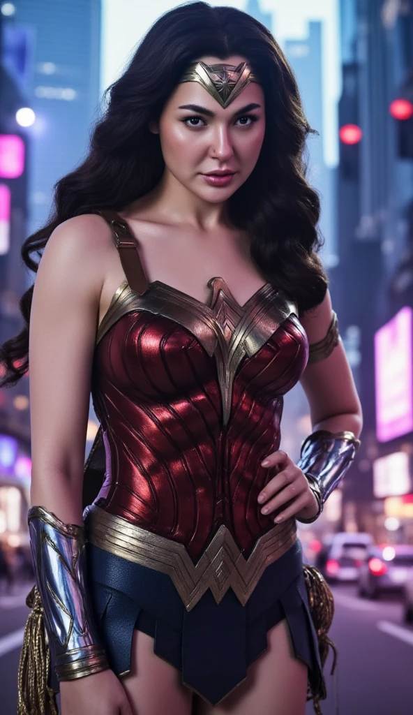 Hania Amir in wonder woman costume, (black hair), HD, remastered, HQ, 4K quality, cyberpunk cityscape, The very sexy with her neckline outfit 