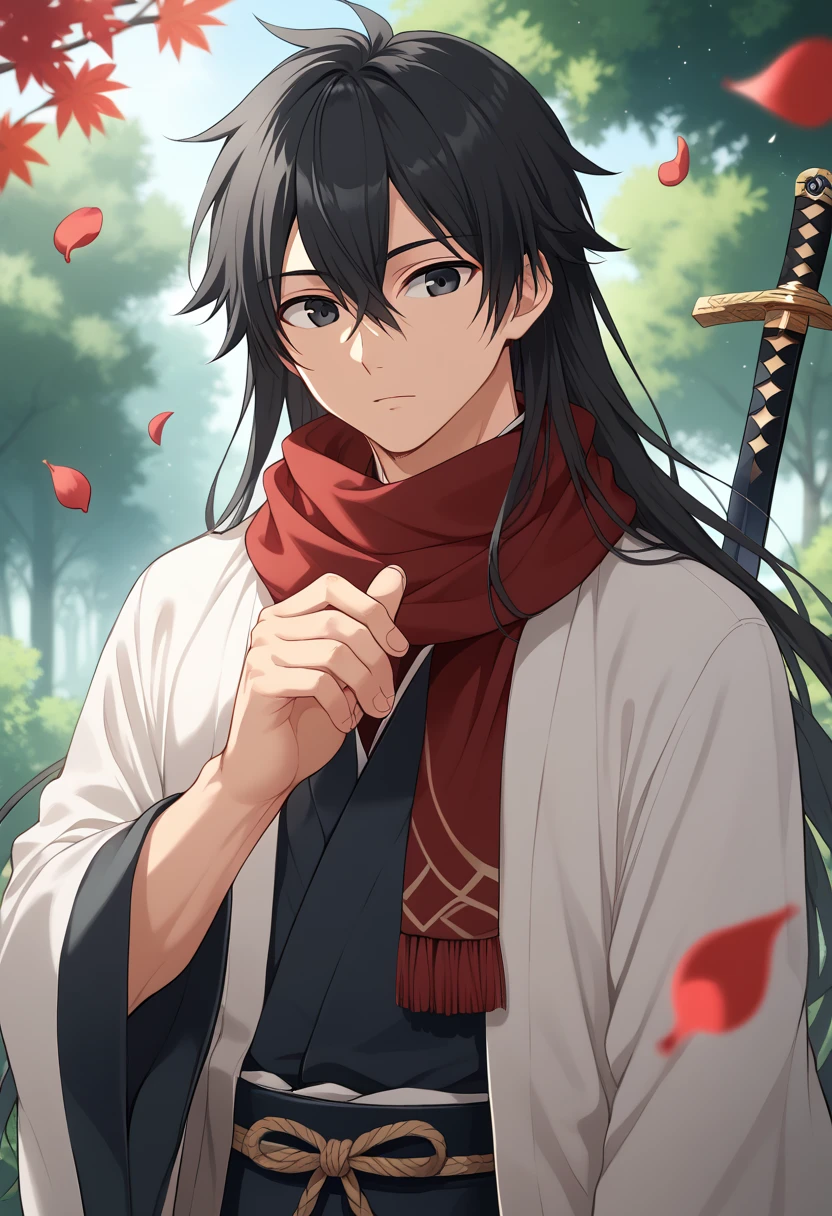 score_9, score_8_up, score_7_up, source_anime, rating_safe, , , , , 1boy, solo, male focus, byakuya_kuchiki, black hair, black eyes, long hair, scarf, japanese clothes, haori, petals, hair ornament, hair between eyes, sword, forest sanctuary, tree temples, leaf paths, wooden shrines, peaceful pose, serene expression, filtered light, , fmuc