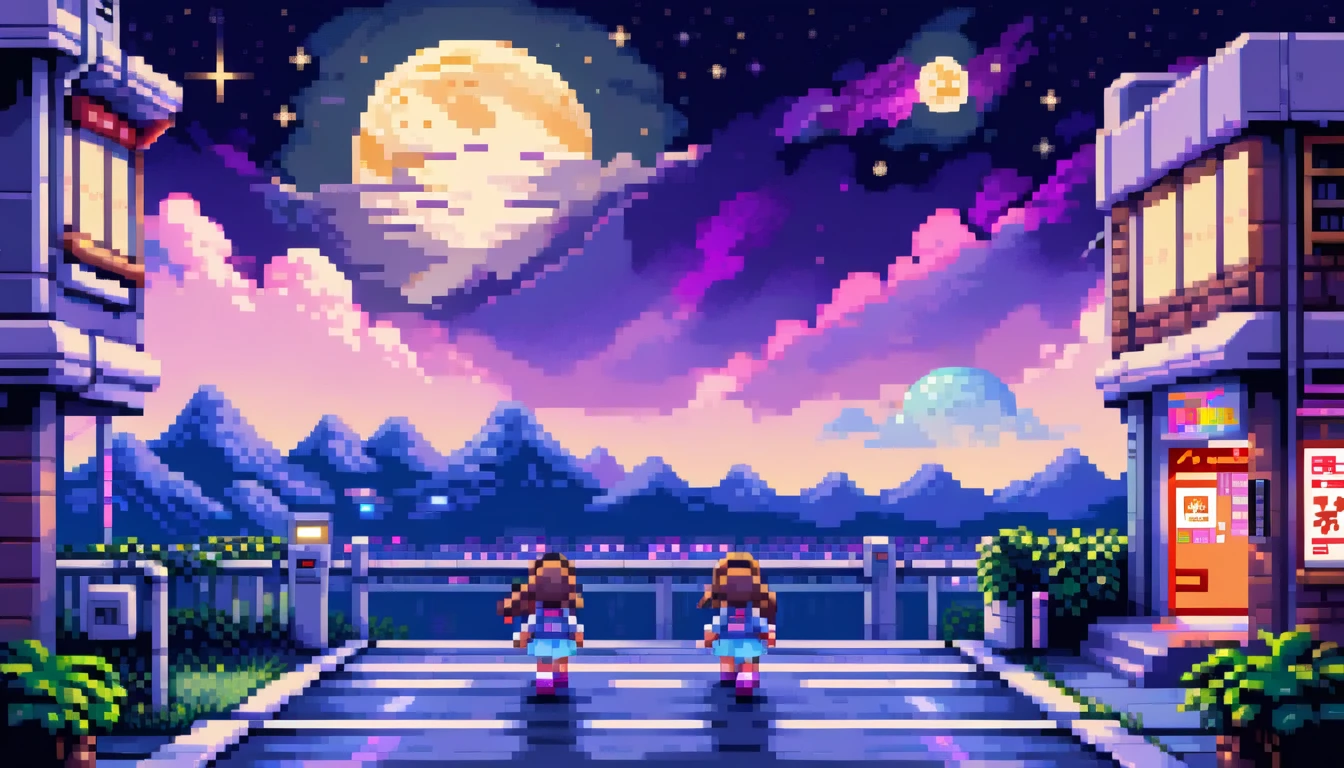 ((masterpiece)), (( top quality)), 8k,   high detail ,  Ultra Details , 2D pixel art , Retro, (( nostalgic SNES side-scrolling game )), Chibi Girl, Walking on the road, Big Moon in the Sky ,  with characters from past stages in the background,  simple, soft colors ,  Shining Moonlight ,  pixelated stars 
