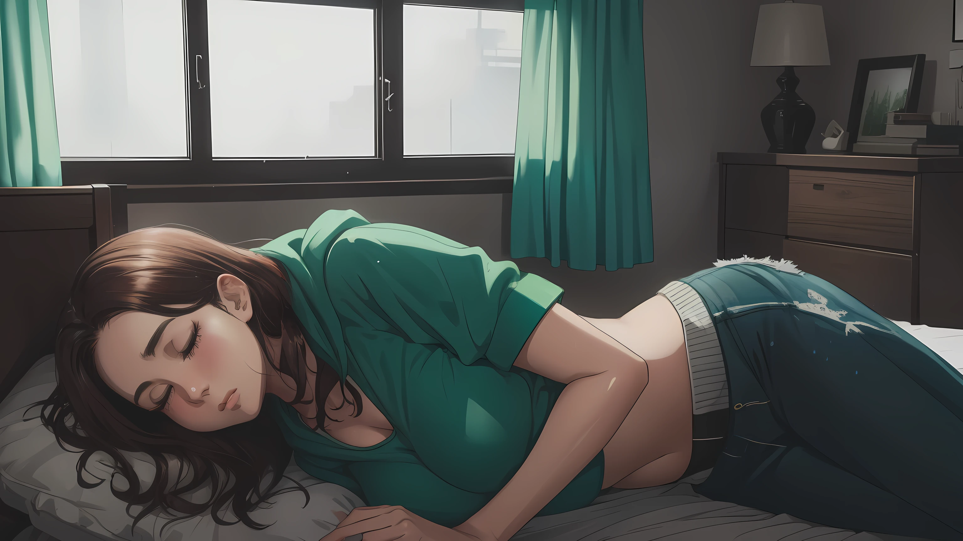 "A cozy and cinematic bedroom with a dark, rainy atmosphere, featuring A woman medium boobs with short wavy auburn hair, wearing a lush green hoodie and fit jeans, laying on the bed, The room is illuminated by moody neon lights in shades of deep purple and soft green, casting a mysterious and calming glow on the walls. A vintage classic TV is playing static or an old movie, adding a nostalgic touch. Through the large glass window, heavy rain is visible, with water droplets streaming down the glass, creating a serene ambiance. The room features minimalistic furniture, with a comfortable bed and a small nightstand. The scene is rich with detail, evoking a sense of solitude and introspection."
