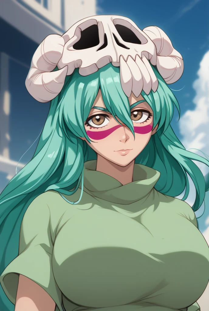 nelliel tu odelschwanck, long hair, green hair, facial mark, skull, brown eyes, green hair, large breasts, 