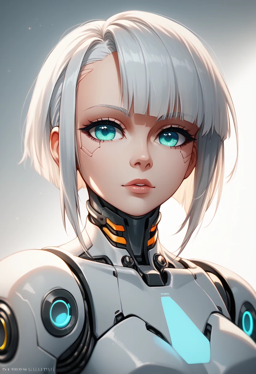 1girl, solo, white hair, looking at viewer, mechanical parts, cyborg, science fiction, short hair, android, portrait,  parted  blue eyes, cyberpunk, robot joints, glowing, joints, artificial eye, aqua eyes, zPDXL3, detailxl,  Score_PnyReal,, s1_dram fmuc