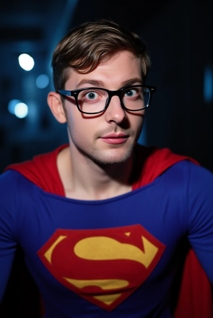 a man with glasses, surprised expression, wide eyes looking directly at camera, short dark hair, slight shadow of beard, dressed as superman, detailed facial features, high quality, photorealistic, 8k, best quality, masterpiece, impeccable lighting, vivid colors, cinematic lighting, dramatic shadows, sharp focus