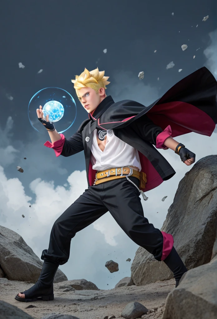 Boruto, 1boy, solo, yellow hair, blue eyes, two black lines on the cheek, black cloak, black pants, gloves, rocks background, fight pose, cowboy shot, one eyes closed,Textured Skin, rasengan, glowing ball, realistic