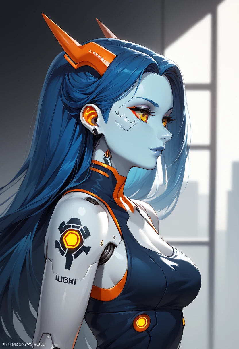 1girl, solo, horns, long hair, colored skin, science fiction, yellow eyes, mechanical parts, tattoo, breasts, android, glowing, cyberpunk, from side, colored sclera, blue hair, blue skin, robot joints, cyborg, dress, orange eyes, upper body, medium breasts, bare shoulders, zPDXL3, detailxl,  Score_PnyReal,, s1_dram fmuc