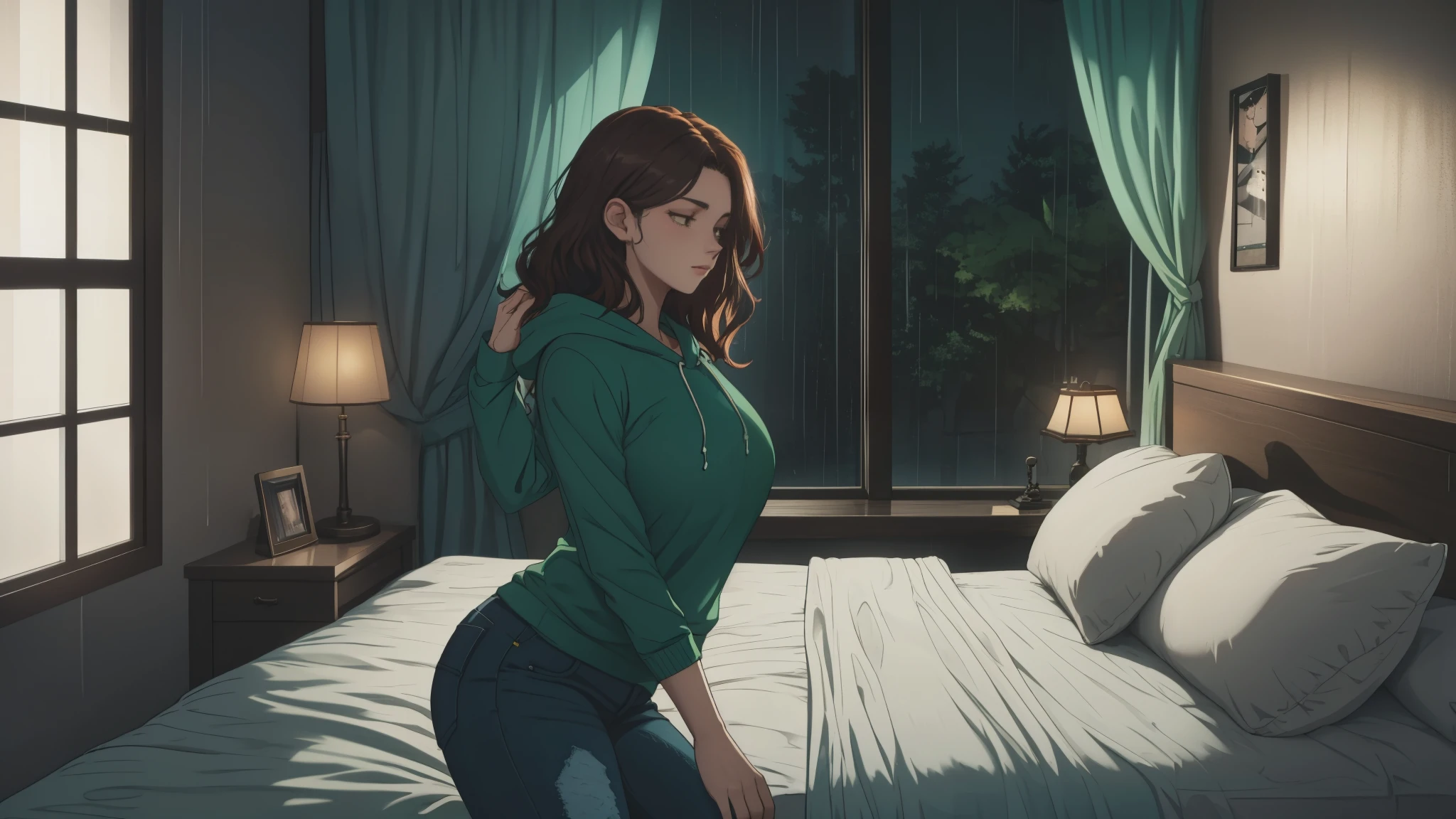 "A cozy and cinematic bedroom with a dark, rainy atmosphere, featuring A woman medium boobs with short wavy auburn hair, wearing a lush green hoodie and fit jeans, laying on the bed, The room is illuminated by moody neon lights in shades of deep purple and soft green, casting a mysterious and calming glow on the walls. A vintage classic TV is playing static or an old movie, adding a nostalgic touch. Through the large glass window, heavy rain is visible, with water droplets streaming down the glass, creating a serene ambiance. The room features minimalistic furniture, with a comfortable bed and a small nightstand. The scene is rich with detail, evoking a sense of solitude and introspection." camera angle 16 : 9 , Full Body View, Wide Angle.