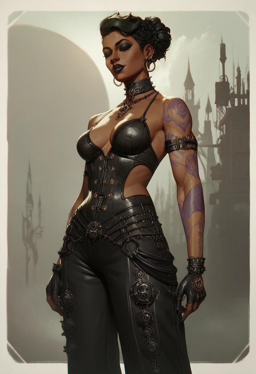 A character outfit from the series arcane gothic outfit , detailed, black clothes, dark skin, metallic, bioluminescent purple tattoos , jewelry, extravagant, huge baggy pants,  black, sexy, steampunk, 