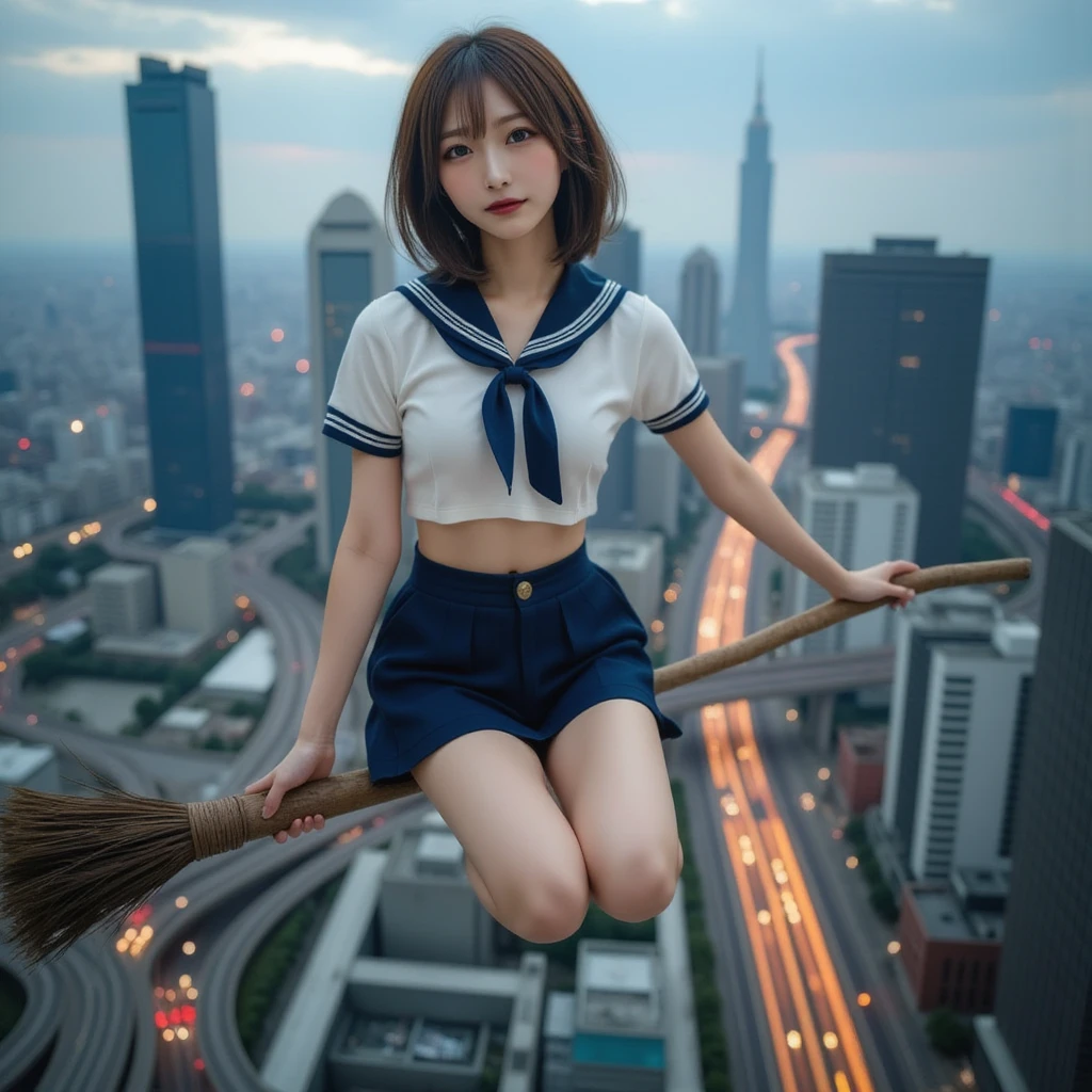   Japanese Woman Floating Above Tokyo  :1.331,   skyscraper , Skytree,   Expressway, Railway , from side:1.8, ( top quality:1.4),   32k high resolution UHD  , (masterpiece:1.2),  Highly detailed live action, ( realistic , 超 realistic :1.4),   Japanese woman floating on top of uniform , Beautiful Japanese woman ,  Famous and beautiful Japanese idol  ,   flying through the sky on a broom :1.331, Broom Flying Below Her ,   A woman who feels like a wizard  ,   she enjoys free flight  ,   Perfect Composition ,  proper placement , Golden Ratio, Dusk of the Rain  ,    Faint Light Through the Clouds  ,  Accurate human body proportions :1.331,   have small heads :1.331,   slender body:1.331,   thin waist:1.331, Thin limbs:1.331,   flat chested:1.331,  hide your breasts with your hands :1.21,   Japanese High School Sailor Suit   :1.21, Short sleeve clothing,  white short sleeve sailor suit :1.21,  will be Fuku:1.21,  Navy Mini Skirt,  I can see her belly button  , Brown Hair,   bob cut hair  :1.21,  symmetrical eyes,   Very Beautiful Clear Eyes  ,   Beautiful hair fluttering in the wind  , 