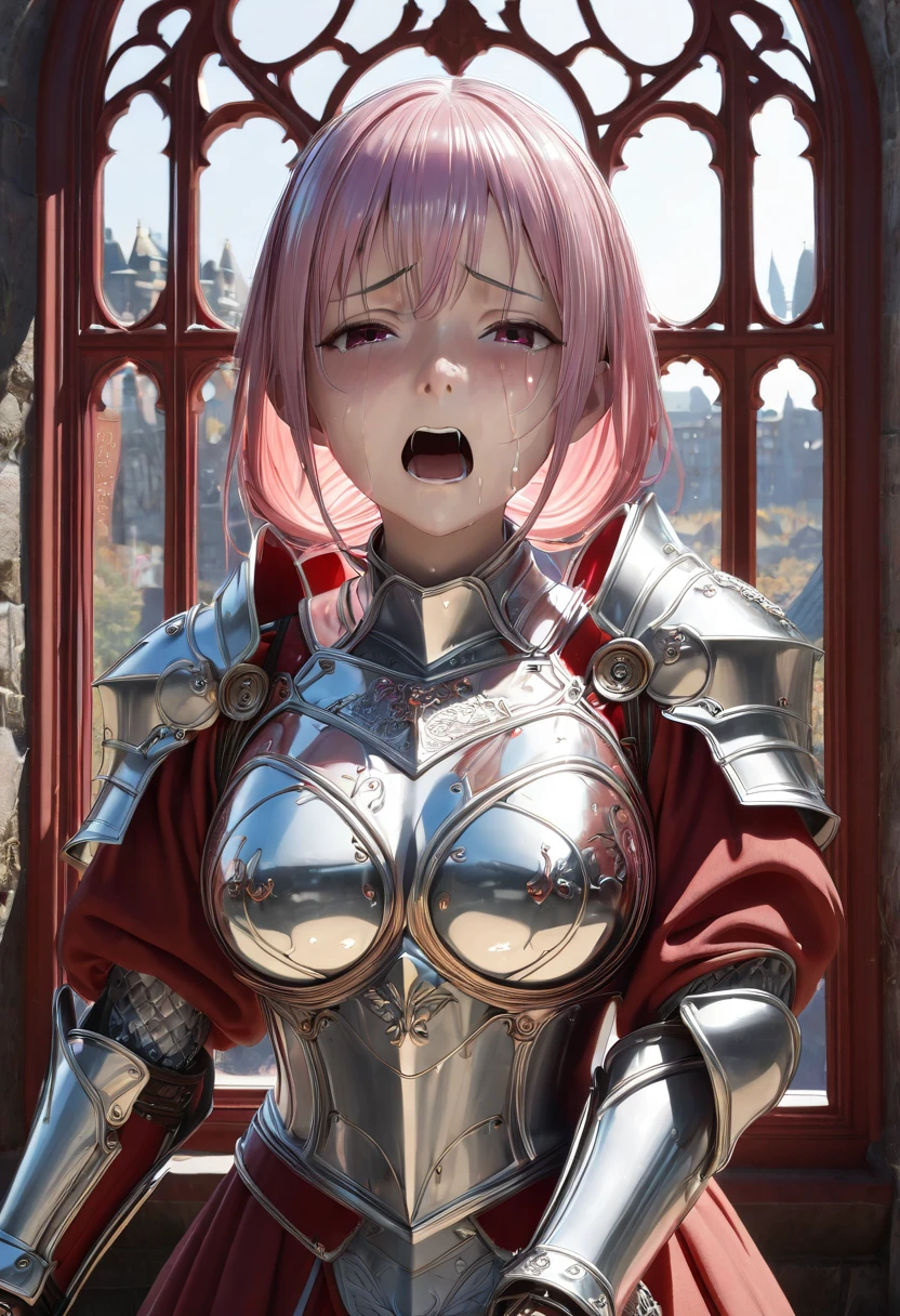 ((masterpiece, 8k,  photorealistic,  RAW photos ,  top quality,  super high resolution )), ( 1 girl), (Alone), ( An Anglo-Saxon -yeld Wo .,  A Woman Looking Out of a Richly Decorated Castle Window,  so cute, Wear silver armor ), (Reddish flush, Face with half closed eyes and out of breath,  face screaming in a sad voice,  ecstatic face,  cute face:1.3), ( beautiful face, 完璧な左右対称の beautiful face, pretty face,  amazing smile , Beautiful baby pinkr,  twin tail hairstyle ,  hair crossed with bangs ,   asymmetrical bangs that grab the chest, Beautiful red eyes, Deep purple eyes, Natural and accurate breasts,  Overflowing Cleavage ,   beautiful thighs,  Perfect Anatomy,  High Detail Skin ),  so cute笑顔, that&#39;Attractive, Golden Ratio, ((Girl in mechanical armor, Wearing metal armor, Decorative Swords )), (photorealistic anime girl rendering,  realistic anime 3d style ),   disorganized ,   camera angle ,   Watching Viewers ,