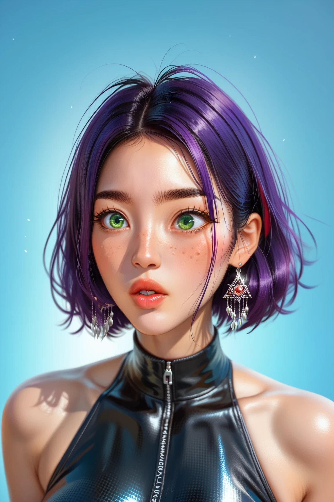 (masterpiece, highres, high resolution:1.2), anime 20 yo girl, portrait, shoulders up, illustration. drawn, violet hair, asian girl, green eyes, blushing, solo, surprised, freckles, big lips, huge breasts, perfect body, wearing a tight crop top, no hands.