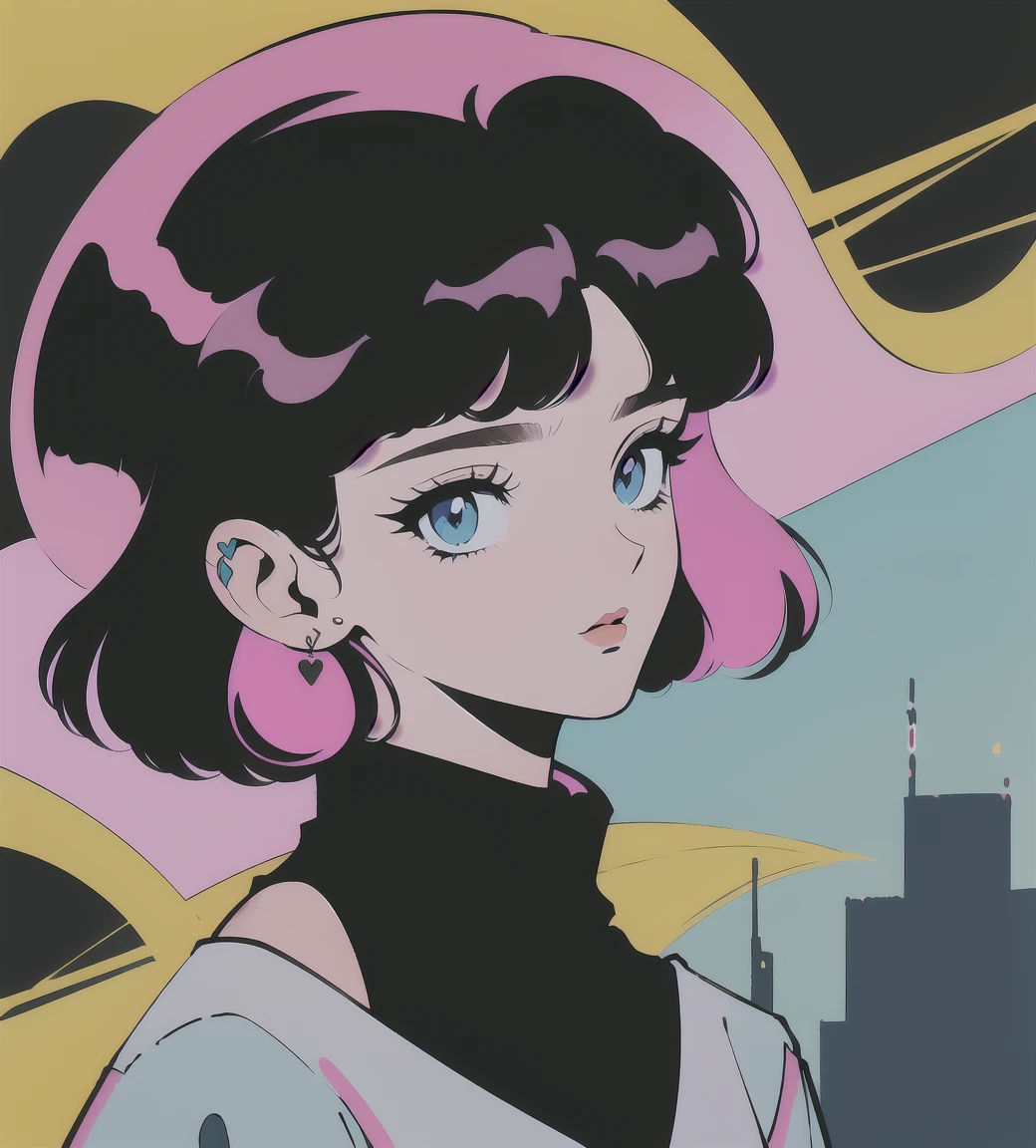 Fluffy hair, Bangs, oversized jacket, Bright pink jumpsuit, short hair, Large earrings, Retro anime style, 90s aesthetics, 2000s Millennial Technology, retro scifi, Lovely masterpiece, high resolution, Extremely detailed, Realistic lighting, Bright colors, Bokeh. not cut head and hair off from frame,