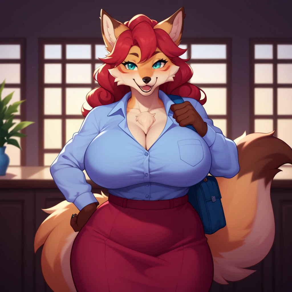 by darkgem, by duase, solo, 1girl, sergal, black and white fur, red hair, huge teeth, laughing, female, older woman, milf, anthro body, broad shoulders, wide body, hyper hips, thick thighs, big arms, hyper breasts, nipple outline, highly detailed eyes, business attire, stockings, heels Masterpiece, best quality, absurd res, highly detailed, cleanly drawn eyes, office environment, standing upright, big bottom lip, red lipstick, casual posture, hands on hips,