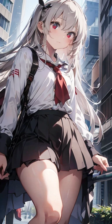  1 girl,  Beautiful Detailed Eyes , Long white hair, Pale red eyes,  school uniform, high black socks ,  Shiny Skin , city,   knight ,  High Contrast, ((masterpiece,  top quality))