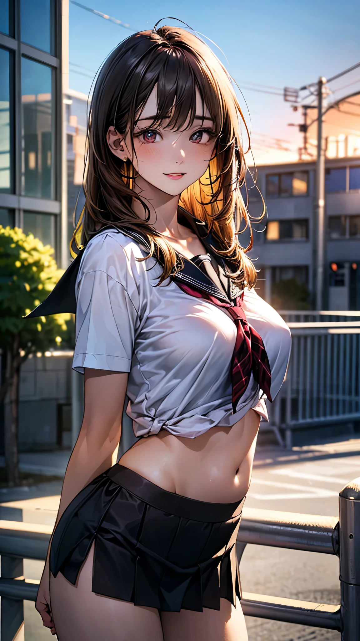 (masterpiece:1.2, highest quality), (realistic, photorealistic:1.4), beautiful illustrations,
looking at the viewer, whole body, Front view:0.6,
1 girl, Japanese, high School girl, ((bob hair:1.7, brown hair:1.3, middle part:1.3)), medium breasts:1.8,
beautiful hair, beautiful and detailed eyes, beautiful clavicle, beautiful breasts, beautiful thighs, beautiful feet, beautiful fingers,
(beautiful scenery), , School,
((collared short sleeve shirt, white shirt, , Grey plaid pleated skirt, blue plaid bow tie, choker)),
(Are standing, grab the hem of the skirt, put your hand on your chest, hand between legs, leaning forward),
blush, (Eyes glowing pink:1.4)