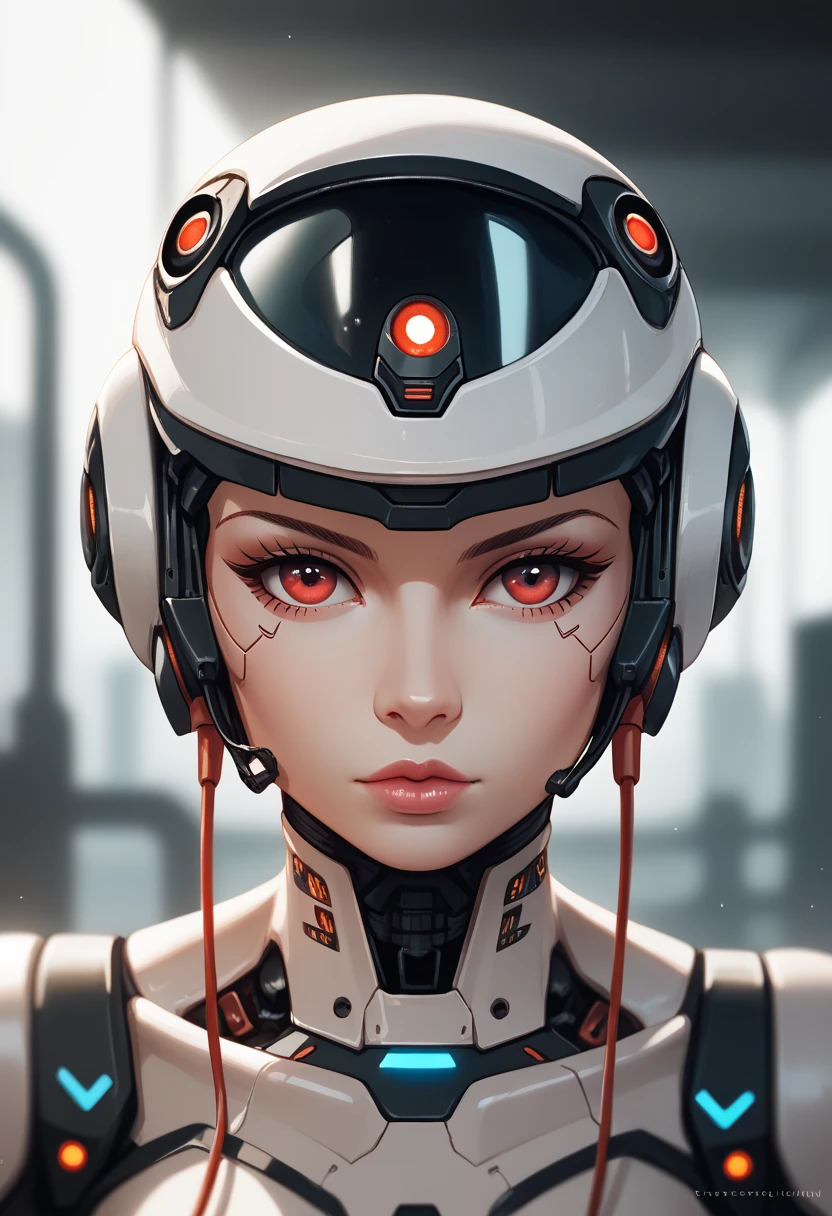 solo, realistic, cyberpunk, science fiction, red eyes, 1girl, looking at viewer, android, blurry, lips, blurry background, mechanical parts, portrait, cyborg, cable, closed mouth, helmet, glowing, zPDXL3, detailxl,  Score_PnyReal,, s1_dram fmuc