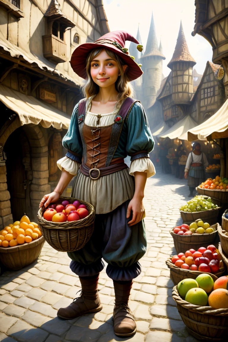 (1gnome ,  short girl ), 28 years old,  full length portrait ,  fruit seller,  dressed as a medieval , pants, score_9, score_8_up, score_7_up, score_6_up, score_5_up, score_4_up.  with a medieval street in the background.