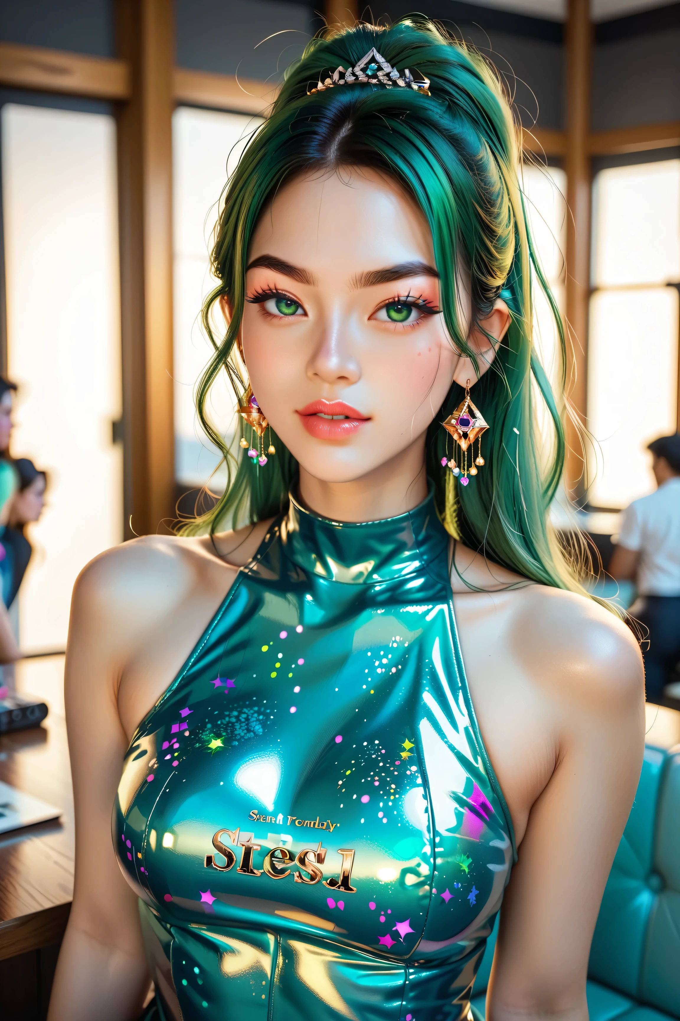 A lovely woman (asian, age 25, sexy little outfit, minidress panties exposed, bright green eyes, turquoise hair) dancing in the club having fun, Tik Tok dance

