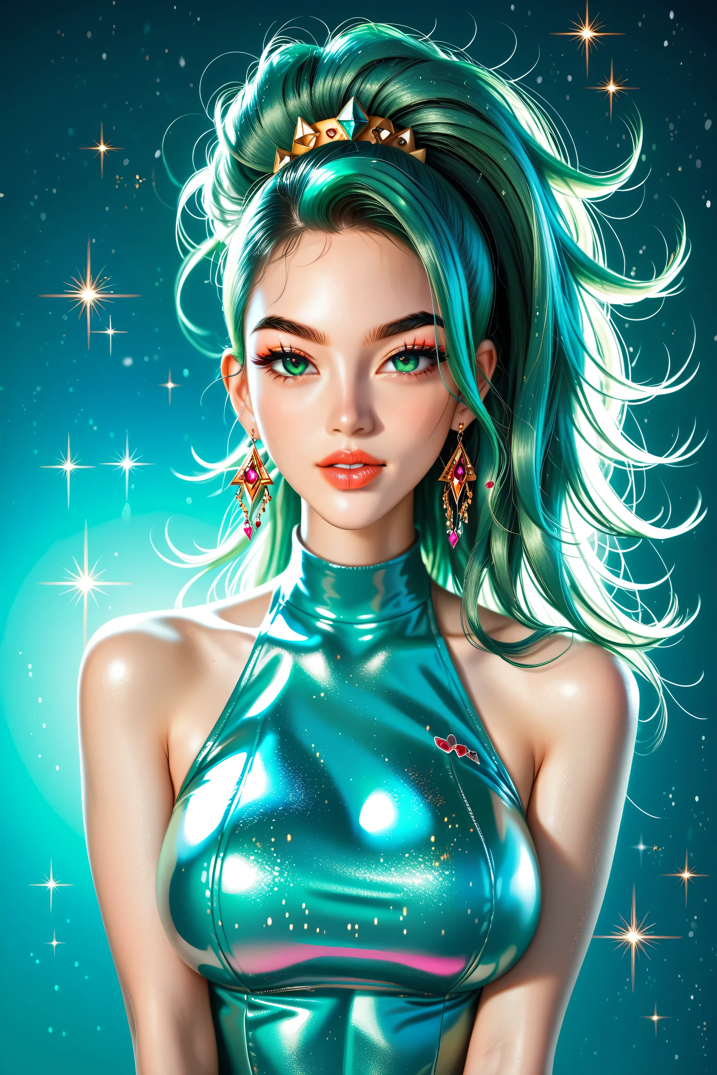 Japanese girl, (anime), manga, sexy, One Full Growth in Latex, sparkles, Pink Green Hair, posing, ((Glitter Dust)), dynamic shadows, masterpiece, bright colors, Shimmers, clear details, beautiful appearance, masterpiece, best quality, perfect anatomy, very aesthetic, official art, 8k, horny, sexual gaze, huge breasts, edgy graphic design, sexy pose, straight on, eyes open, looking at viewer, 
