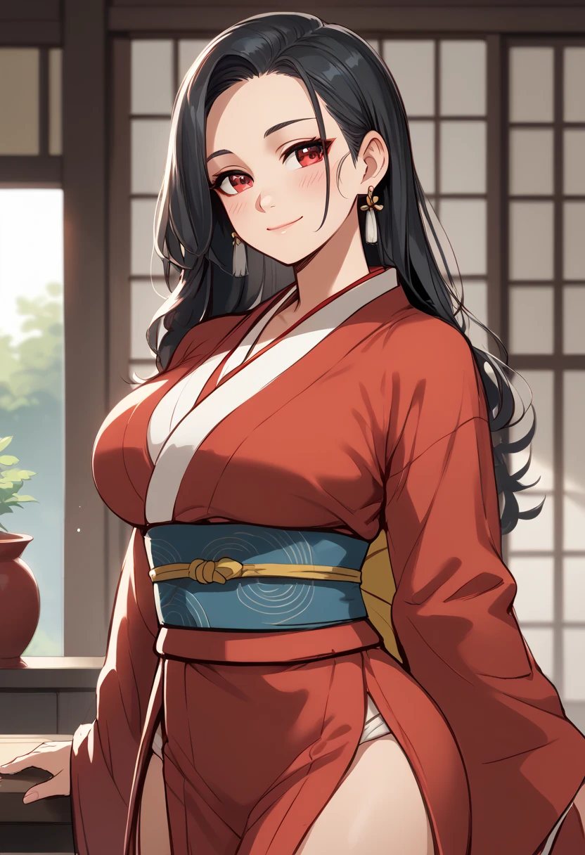 1girl, solo, red eyes, japanese clothes, kimono, black hair, long hair, red kimono, looking at viewer, smile, sash, blush, obi, breasts, closed mouth, wide sleeves, sidelocks, large breasts, long sleeves, indoors, standing, earrings, straight hair, upper body, jewelry, score_9, score_8_up, score_8_up, a_Comic_Illustration, rough lines with ink, (drawn:1.1), (sketch:1.5), (crosshatching:1.25), (comic style:1.1), graphic novel style, sharp lines, hires, zstyle, (western comics \(style\):1.1), (hatching \(texture\):1.2), zPDXL, Mr_Monster_Possitive, beautiful detailed eyes, extreme details eyes,  perfect anatomy,, 1girl, thighs, cowboy shot, fmuc