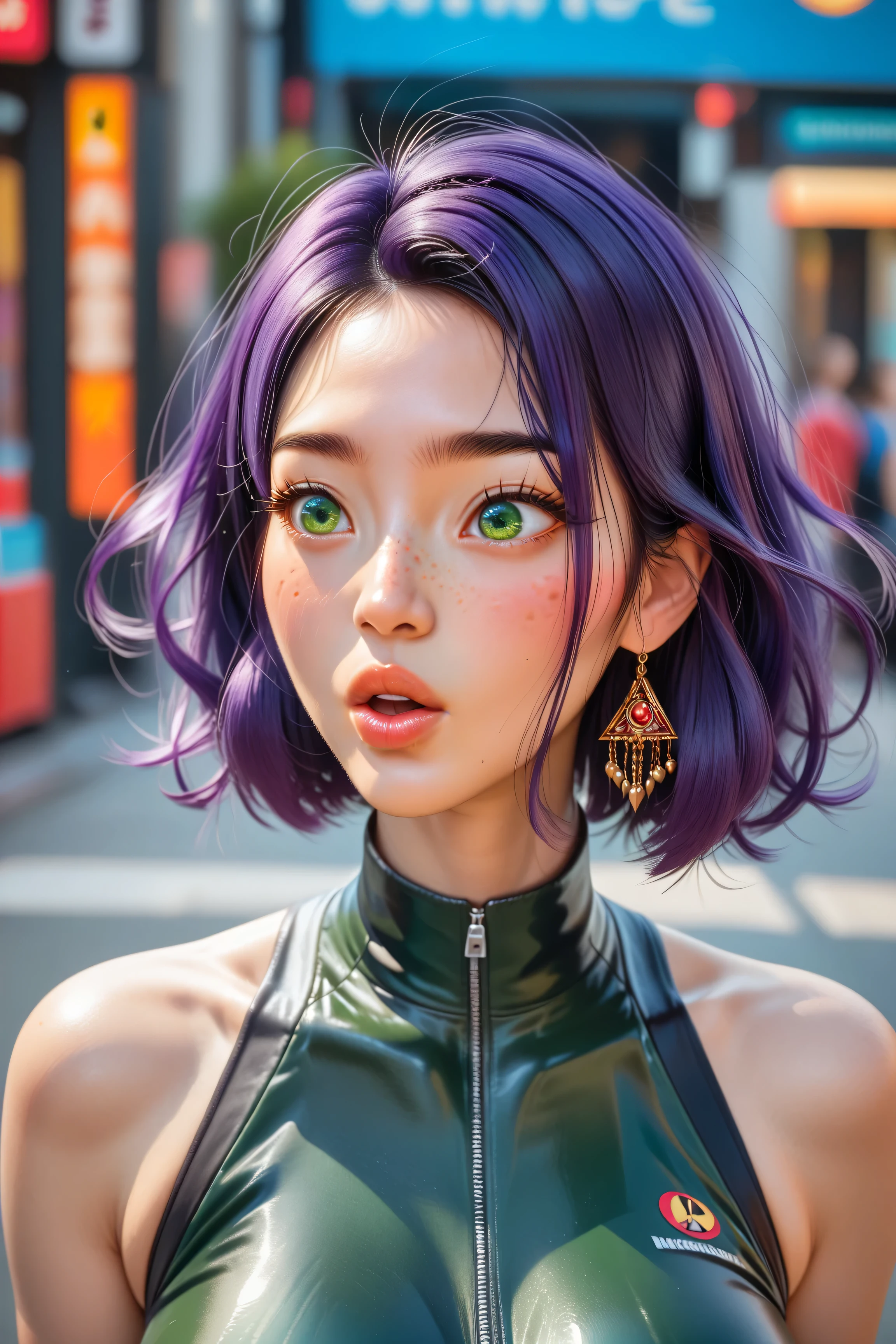 (masterpiece, highres, high resolution:1.2), anime 20 yo girl, portrait, shoulders up, illustration. drawn, violet hair, asian girl, green eyes, blushing, solo, surprised, freckles, big lips, huge breasts, perfect body, wearing a tight crop top, no hands.