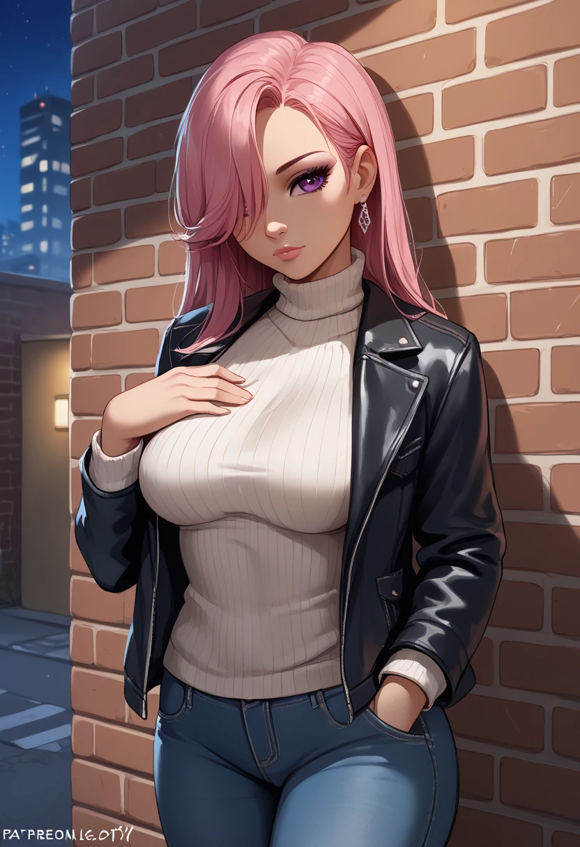 1girl, pink hair, jewelry, solo, earrings, denim jacket, long hair, jacket, denim, breasts, hand in pocket, sweater, brick wall, looking at viewer, hair over one eye, pants, purple eyes, alley, night, outdoors, turtleneck, open jacket, open clothes, large breasts, ribbed sweater, jeans, graffiti, turtleneck sweater, white sweater, against wall, lips, realistic, blue jacket, closed mouth, hand on own chest, nose, cowboy shot, standing, sky, eyelashes, building, long sleeves, medium breasts, leather, city, artist name, head tilt, night sky, makeup, mascara, leather jacket, score_9, score_8_up, score_8_up, a_Comic_Illustration, rough lines with ink, (drawn:1.1), (sketch:1.5), (crosshatching:1.25), (comic style:1.1), graphic novel style, sharp lines, hires, zstyle, (western comics \(style\):1.1), (hatching \(texture\):1.2), zPDXL, Mr_Monster_Possitive, beautiful detailed eyes, extreme details eyes,  perfect anatomy,, 1girl, thighs, cowboy shot, fmuc