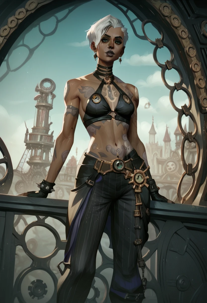 A character outfit from the series arcane gothic outfit , detailed, black clothes, dark skin, silver, bioluminescent purple tattoos , jewelry, extravagant, huge baggy pants,  black, sexy, steampunk, 