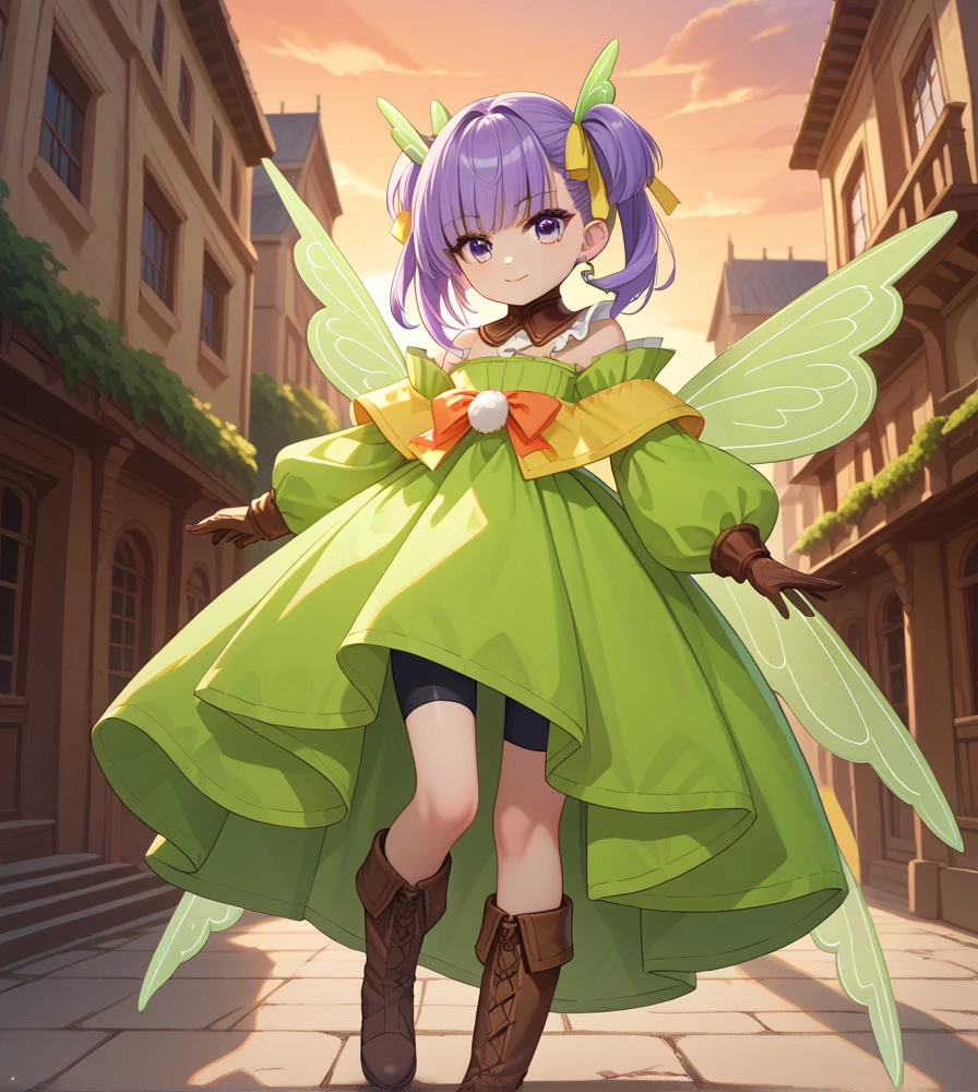 ((best quality:1.2)),Muryan,((Western Buildings:1.3)),magnificent panorama view,Sunset,purple hair,green dress,twintails,single sidelock,yellow ribbon,purple eyes,frill,detached collar,bare shoulders,bike shorts,brown gloves,brown boots,fairy wings