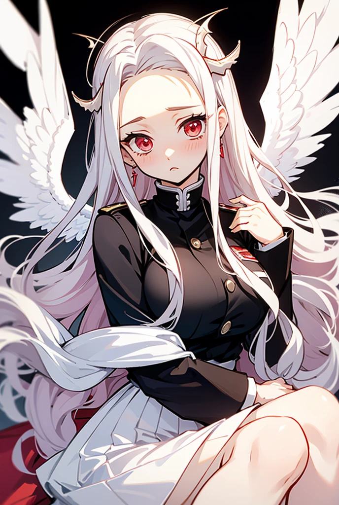  Woman with white hair with long locks 


Red eyes with a watch body with large breasts and a pronounced neckline 

Clothing, open white blouse uniform  , with white skirt 
( Demon Slayer Corporation style uniform  )
 With wings on the head and wings on the back of an angel 

Blushing covering her cheeks 