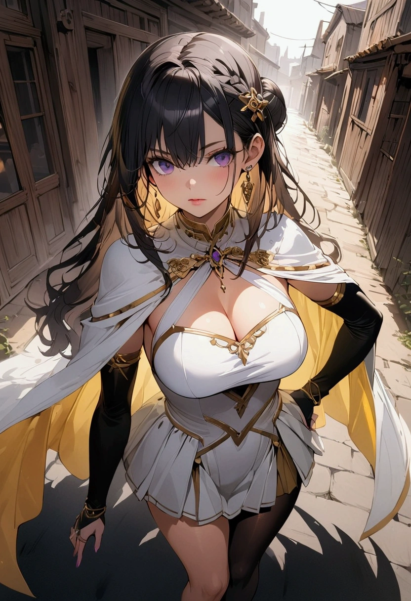 Masterpiece, Best quality, Ultra-detailed, illustration, epic lighting, Cinematic composition, isometry,(hexagons:1.2), 1girll, Horns, Solo, Yellow eyes, Black hair, Long hair, (Low wing:1.2), cleavage, Bare shoulders, hair between eye, Medium breasts, (White dress:1.1), Golden decoration, Detached collar, view the viewer, Semi-closed Eyes, (view the viewer:1.1), parted lip, Blush, Black feathers fall, Arena, particle fx, (8K:1.1)